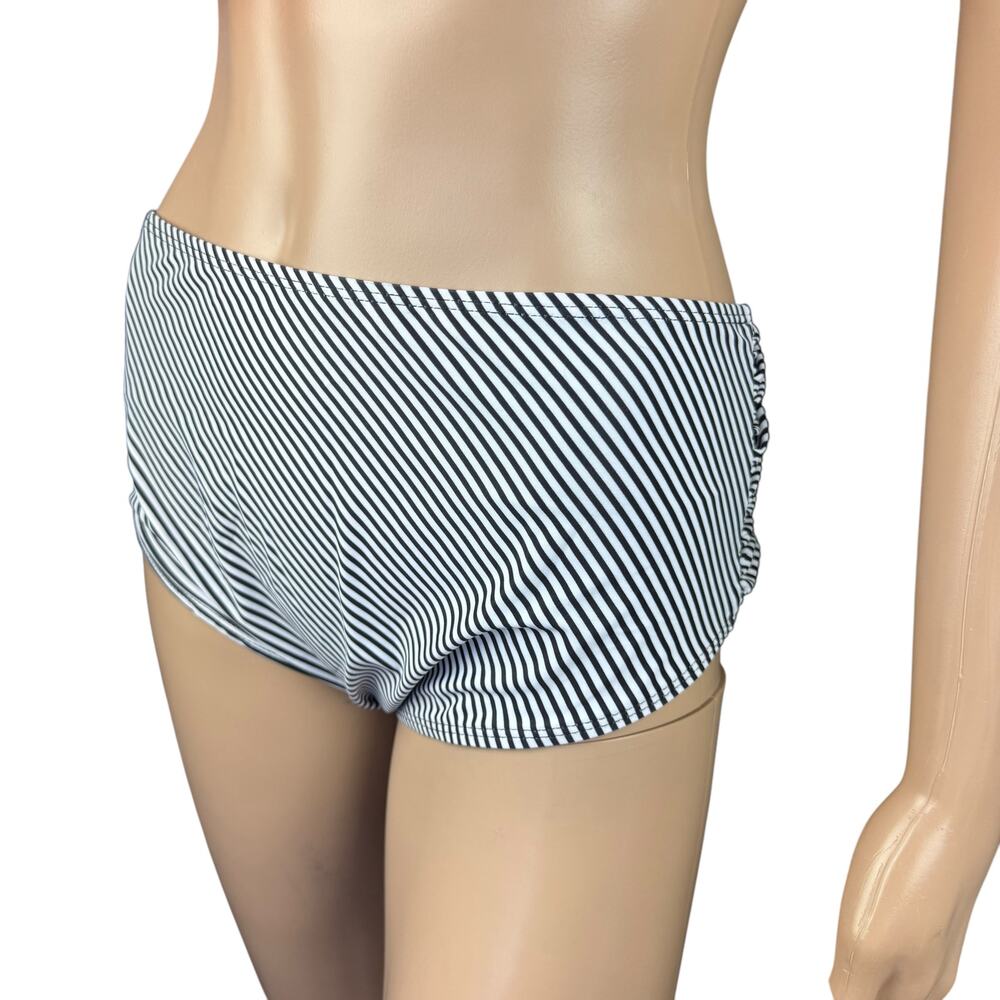 New Women's Black White Striped Ruched Sides High Waist Bikini Swimsuit Bottom L
